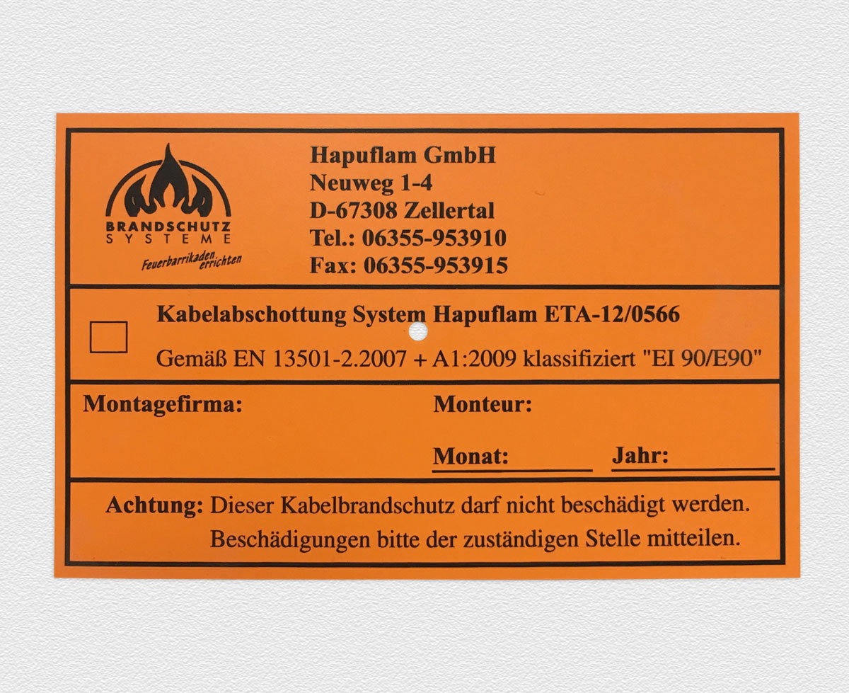Kennzeichnungsschild für Hapuflam Brandschutzgewebe für Abschottung ETA-12/0566