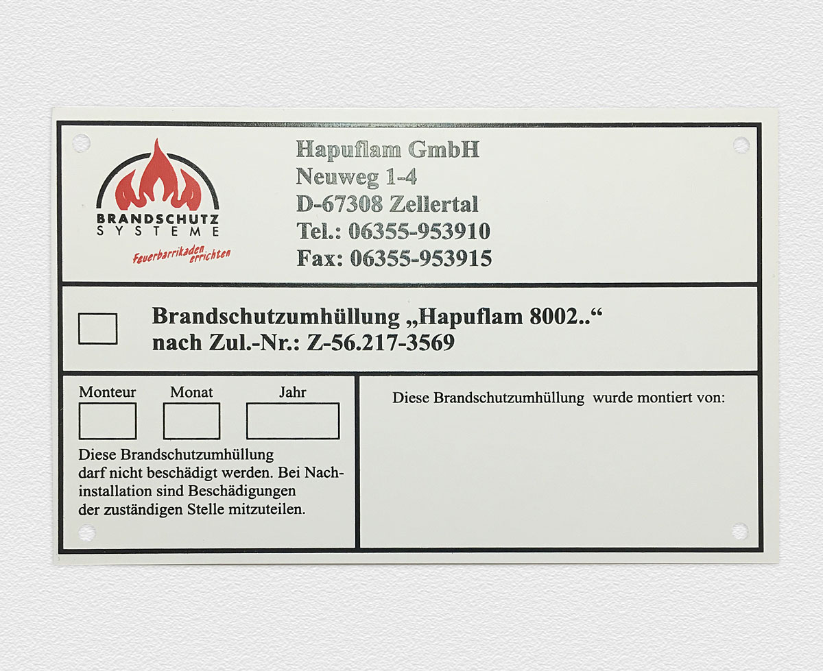 Kennzeichnungsschild für Hapuflam Brandschutzgewebe